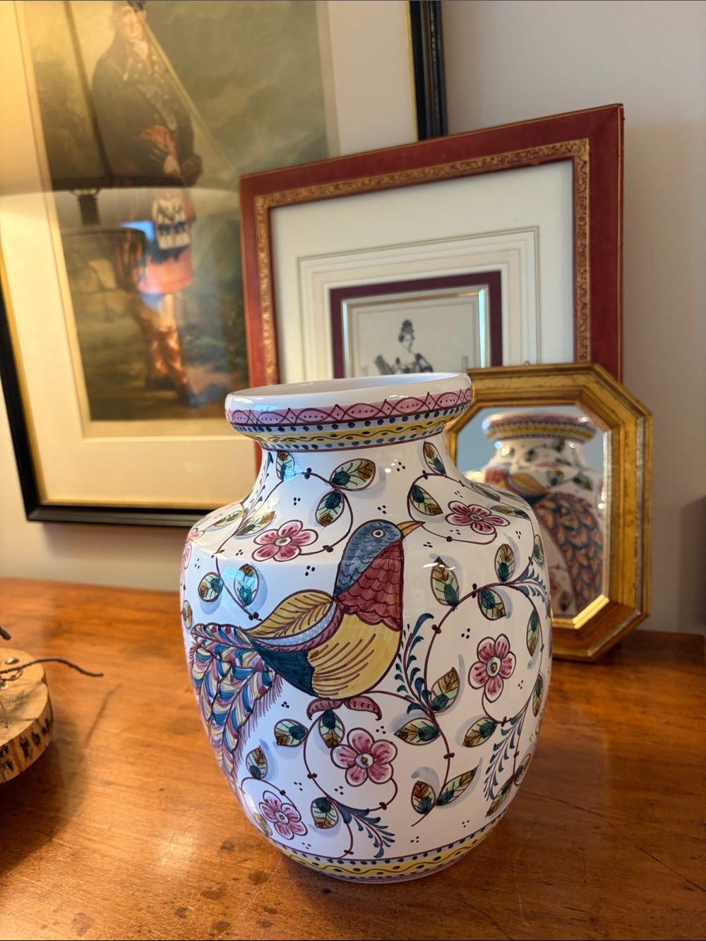 Hand-Painted Portugal  Ceramic Bird floral Vase in White with Multicolor Accents